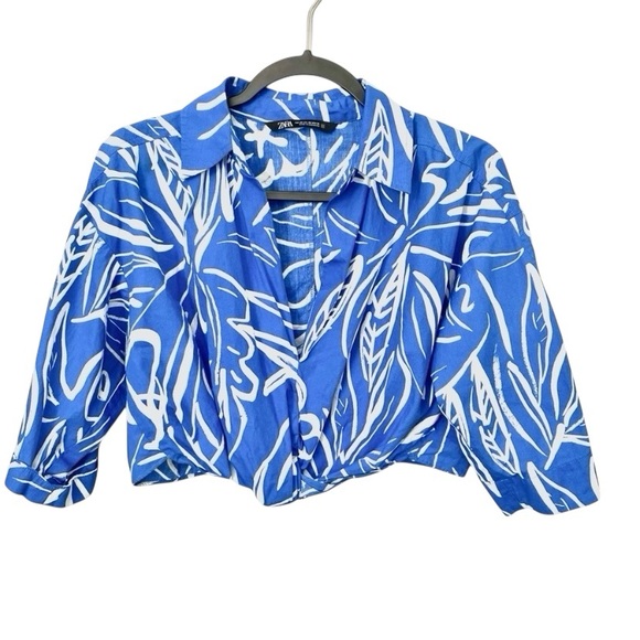 ZARA Blue & White Abstract Print Blouse Tropical Resort Vibes Size XS - Picture 2 of 5